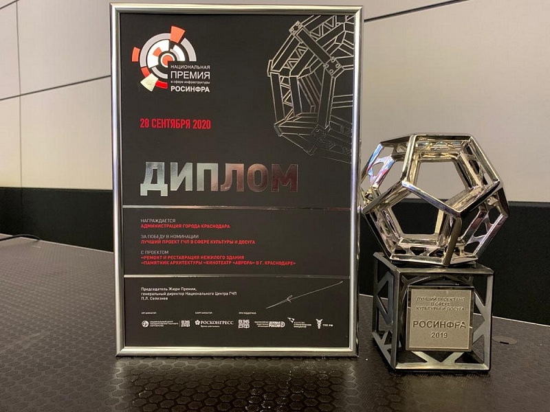 Проект по реставрации «Аврора» в г. Краснодаре стал лауреатом в номинации «Лучший проект государственно-частного партнерства в сфере культуры и досуга»